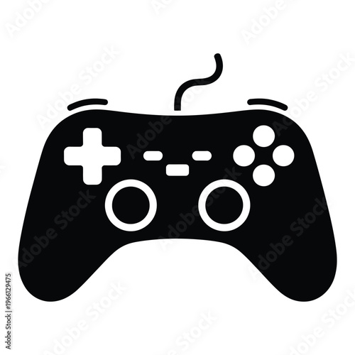 A modern gaming controller design is prominently displayed as a stark black silhouette