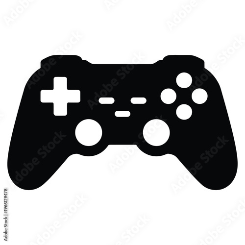 A modern gaming controller design is prominently displayed as a stark black silhouette