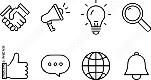 Minimal outline user interface icon set featuring communication, navigation, media, social interaction and essential app symbols for web, mobile, UI UX design interfaces Assistance outline icon set