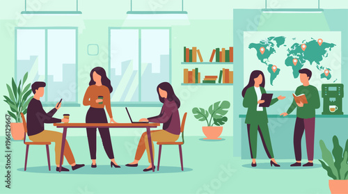 Diverse business team collaborating and working in a modern office environment