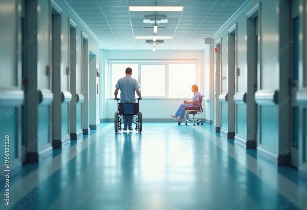 Fototapeta premium Inviting Hospital Corridor with Spacious Hallways and Wheelchair Accessibility for Safe Mobility