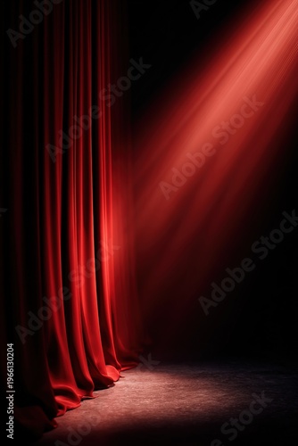 A red curtain hangs on a theater stage. Light shines down on the floor, creating a strong focus in the dark space. The atmosphere is set for a performance