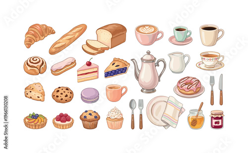 A delightful collection of sweet pastries, baked goods, and beverages for a cozy cafe setting