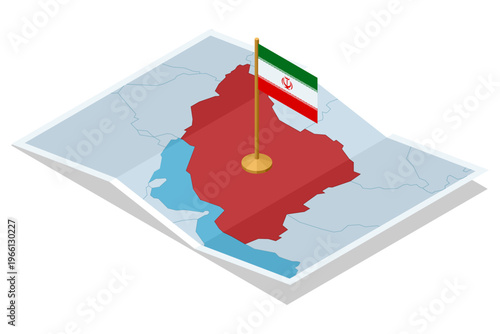 Isometric map of Iran with a national flag pin on the country territory. Political geography concept shows state location, national identity, regional position, border reference and infographic design