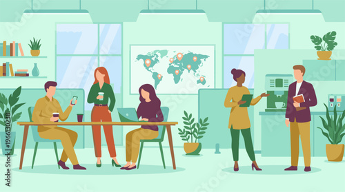 Diverse business team collaborating and communicating in a modern office