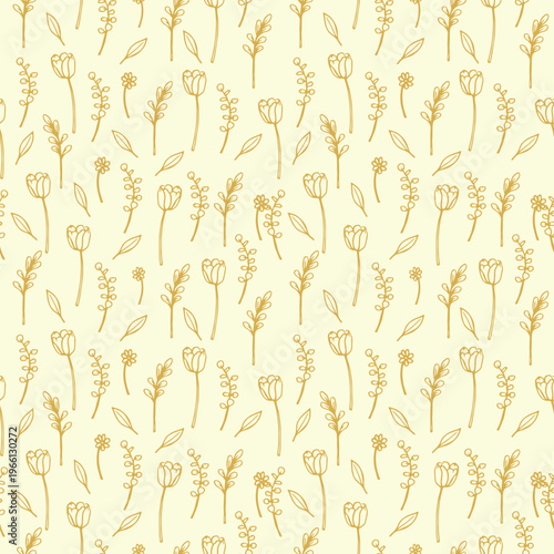 Hand Drawn Seamless Vector Pattern with Botanical Flowers and Green Leaves