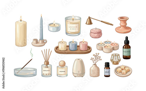 Collection of scented candles, diffusers, and aromatherapy items for relaxation