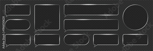 Dark glassmorphism chat bubbles UI kit with silver metallic frames. Set of translucent speech clouds and message boxes for website and app interface design.