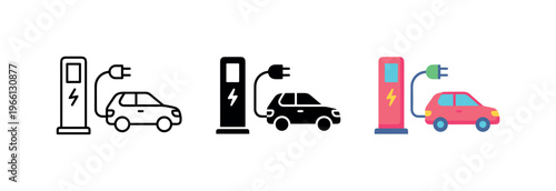 Electric car charging station icons showing different styles of vehicles and chargers