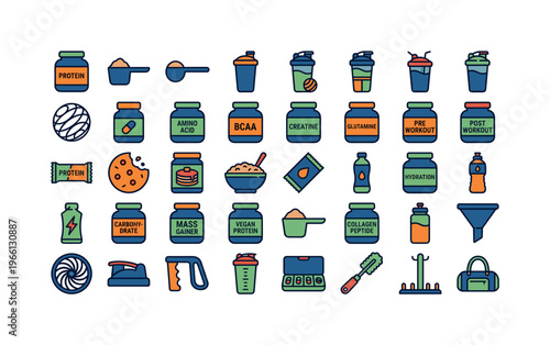Collection of sports nutrition and fitness supplement icons for healthy lifestyle