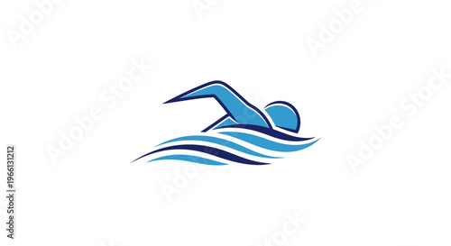 Stylized blue vector logo of a professional swimmer athlete in the water waves