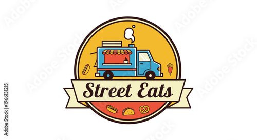 Retro street food truck logo with Street Eats text and snack icons