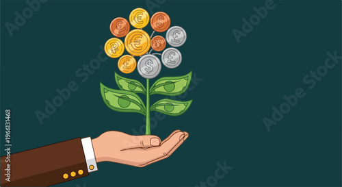 Financial growth concept with money tree growing from hand, gold and silver coins flower with banknote leaves, investment and wealth metaphor vector