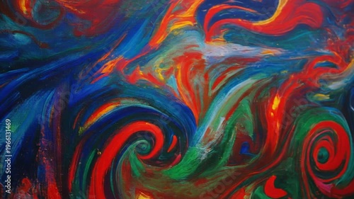 Vibrant swirling colorful paint mixture flowing in abstract art form on canvas in studio with white background