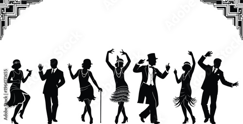 1920s flapper party silhouettes collection isolated on white background, vintage jazz dancers great gatsby style characters set for celebration design