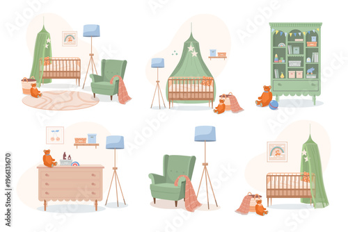 Wooden furniture set for newborn: canopy crib, wardrobe with toy shelves, chest of drawers, high chair, toys, and cozy rug. Cute vector illustration of baby's bedroom in pastel retro style.