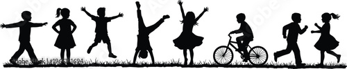 Children playing silhouette set with kids running, jumping, cycling and dancing, happy childhood outdoor activity vector illustration isolated background