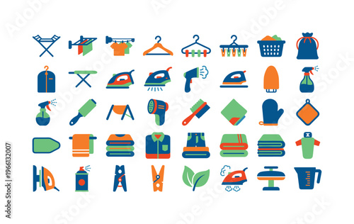 Collection of colorful icons representing laundry and ironing tools and accessories