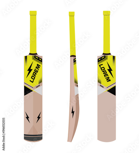 Professional cricket bat design with yellow handle and black lightning bolts on wooden surface.