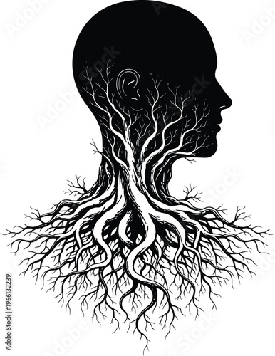 Human head silhouette with tree roots concept illustration symbolizing mind, nature connection, psychology, growth, identity, and deep subconscious artistic design