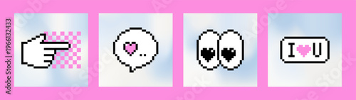 Y2k love backgrounds set. Pixel heart eyes, speech bubble I love U, pointer hand icon on light blue cloudy sky background. Retro gaming 8 bit cute design for digital love messages, stickers, greetings