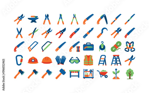 Collection of garden and construction tools, safety equipment, and plants