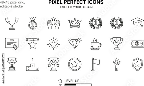 Pixel perfect achievement icons set featuring trophies medals awards success symbols level up gamification elements editable stroke vector collection for UI UX design