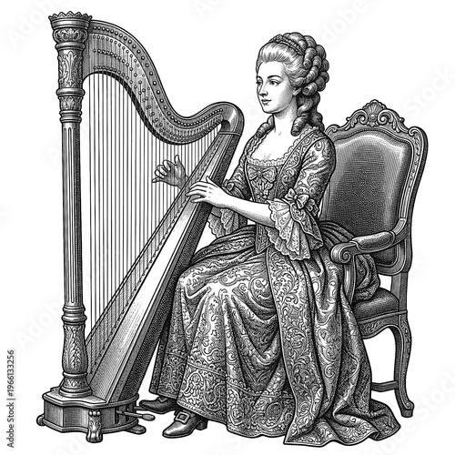 Classical Noble Lady Playing Harp Vintage Illustration