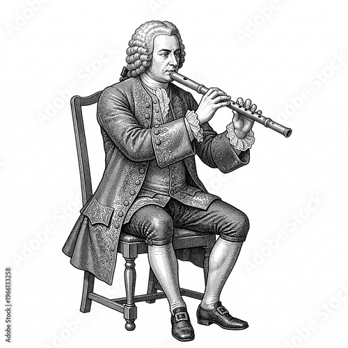 Baroque Musician Playing Flute Vintage Woodcut Engraving