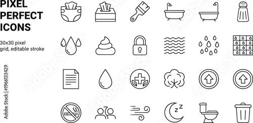 Pixel perfect hygiene and sanitation icons set featuring bathroom water cleaning health symbols editable stroke vector collection for public health and home care design