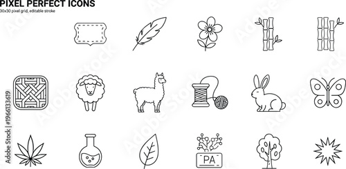 Pixel perfect nature and textile icons set featuring animals plants bamboo yarn symbols editable stroke vector collection for craft ecology and organic design