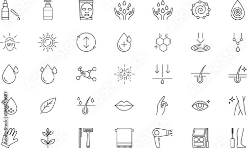 Pixel perfect skincare and beauty routine icons set featuring cosmetics hygiene treatment spa symbols editable stroke vector collection for dermatology wellness and personal care design