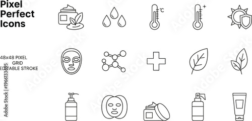 Pixel perfect skincare and wellness icons set featuring cosmetics leaves temperature health symbols editable stroke vector collection for beauty spa medical and organic design