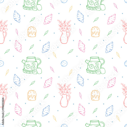 Hand Drawn Summer Picnic Seamless Vector Pattern with Teapot of Lemon Tea, Croissant, Flower Jug, Easter Cake and Cookies
