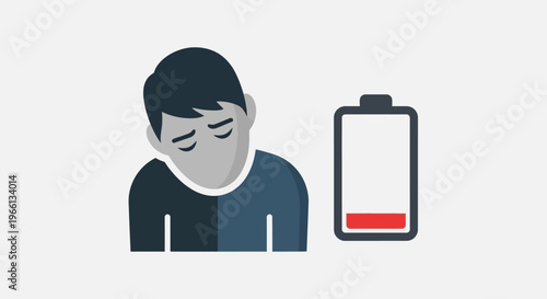 Sad man with a low battery icon symbolizing mental and physical exhaustion or burnout in a bright studio.
