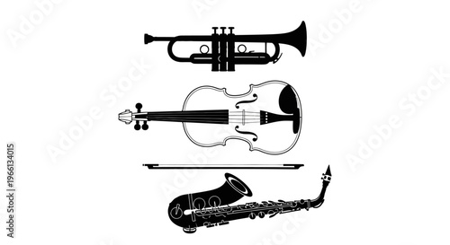 Silhouettes of musical instruments including trumpet, violin, and saxophone on an isolated white background.