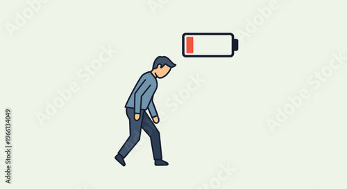 Tired Man Walking Slowly with Low Battery Icon Above Head, Symbolizing Exhaustion and Low Energy on Light Green Background.