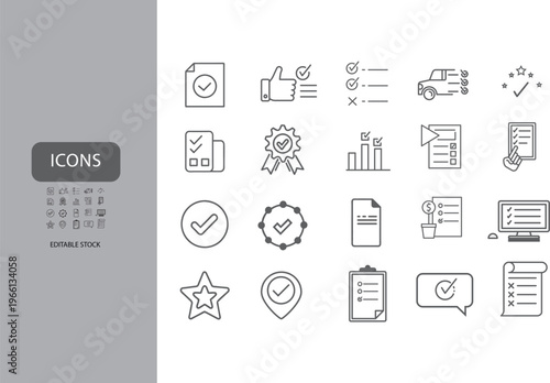 A collection of thin-lined, guarantee approve, score web minimalist icons representing tasks, completion, and approval, in a clean, vector art style, set pack