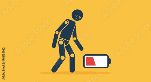 Tired stick figure person with a low battery icon indicating exhaustion and lack of energy in a bright studio.