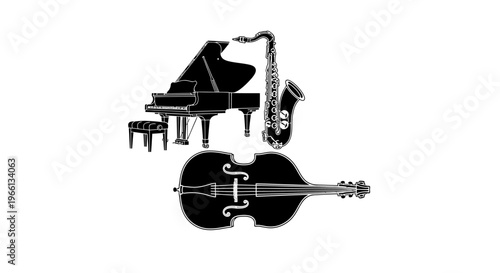 Silhouettes of classical and jazz musical instruments including grand piano, saxophone, and double bass on an isolated white background.
