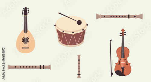 Diverse collection of traditional musical instruments including oud, drum, flute, and violin in a bright studio.