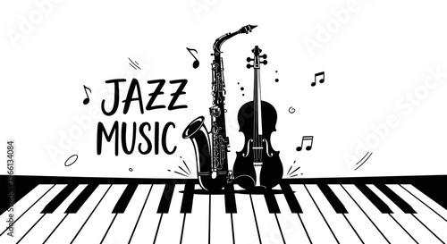 Jazz music concept illustration with saxophone, violin, and piano keys on an isolated white background.