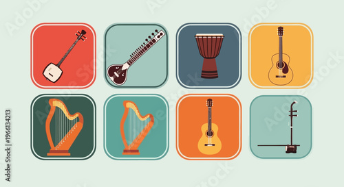 Set of various traditional and folk musical instrument icons like sitar, djembe, guitar, and harp in colorful rounded square frames, isolated white background.