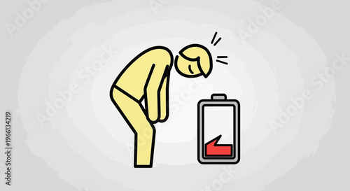 Exhausted person feeling drained and low energy next to a low battery icon, in a bright studio.