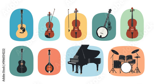 Set of diverse musical instrument icons including piano, guitar, violin, drums, and banjo in colorful rounded square frames, isolated white background.