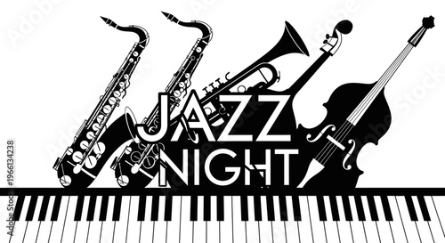"Jazz Night" poster with saxophone, trumpet, violin, and piano keyboard in black and white silhouette, isolated white background.