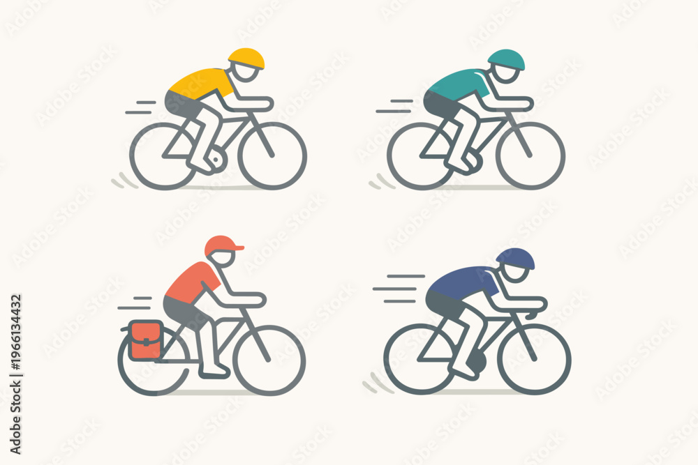 Fototapeta premium Modern Flat Design Bicycle Riders Icon Collection – 2D Vector People Cycling Illustrations Featuring Four Different Cyclists in Colorful Helmets and Clothes Riding Bikes with Speed Motion Lines