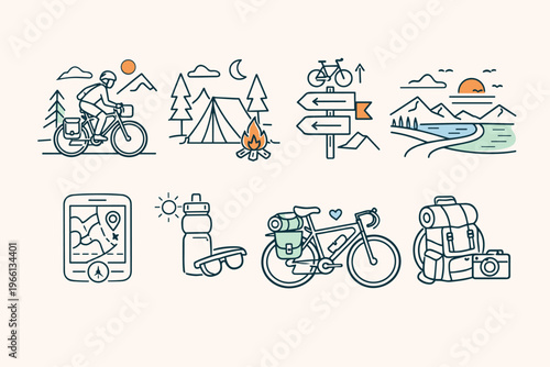Flat Line Outdoor Adventure and Cycling Icons Set – Minimalist Vector Illustrations of Bike Touring, Camping, Hiking and Travel Equipment in Blue Tones