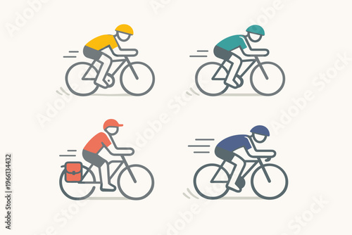 Modern Flat Design Bicycle Riders Icon Collection – 2D Vector People Cycling Illustrations Featuring Four Different Cyclists in Colorful Helmets and Clothes Riding Bikes with Speed Motion Lines
