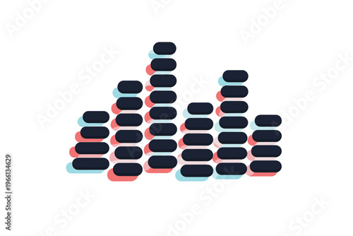 Modern 3D Anaglyph Sound Wave Icon – Colorful Audio Waveform Visualization with Black Bars, Cyan and Magenta Chromatic Glitch Effect, Digital Music Equalizer Graphic on White Background
